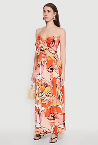 Womens Printed Pattern Tie Front Crop Top, Orange,
