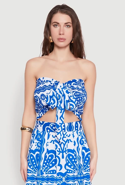 Womens Printed Pattern Tie Front Crop Top, Blue, Size M