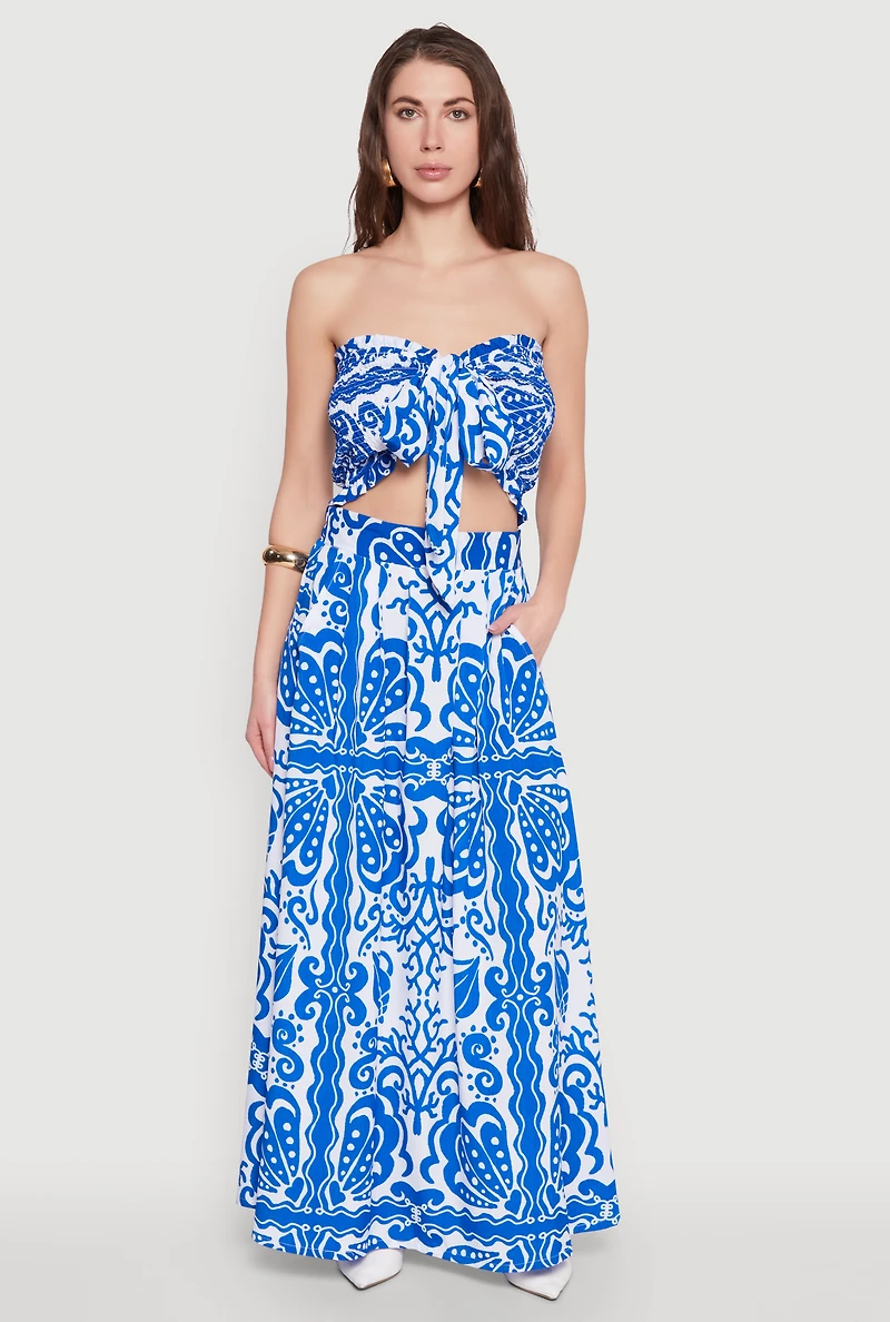 Womens Printed Pattern Tie Front Crop Top,