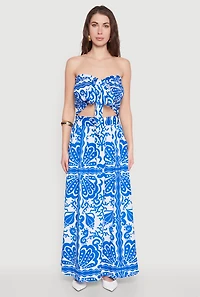 Womens Printed Pattern Tie Front Crop Top, Blue,