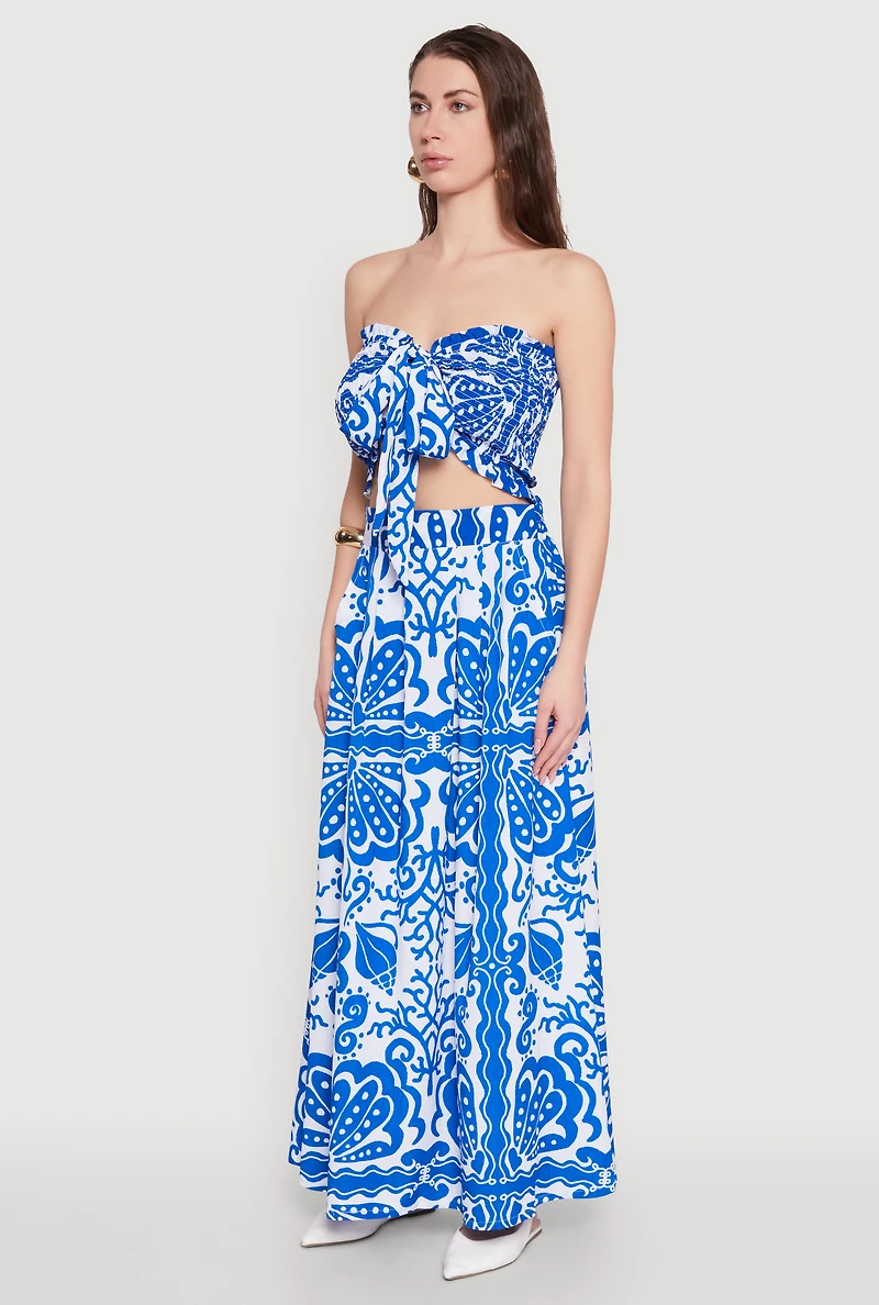 Womens Printed Pattern Tie Front Crop Top, Blue, Size S