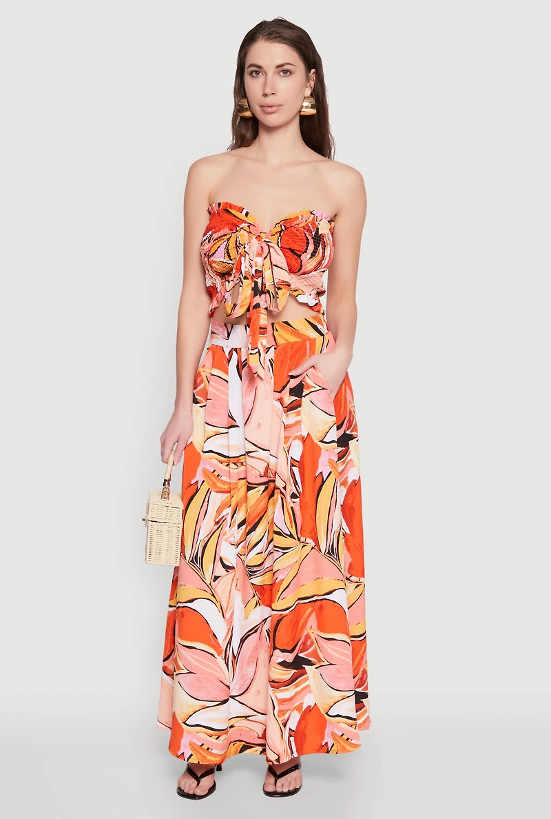 Womens Printed Pattern Pleated Maxi Skirt, Orange, Size S