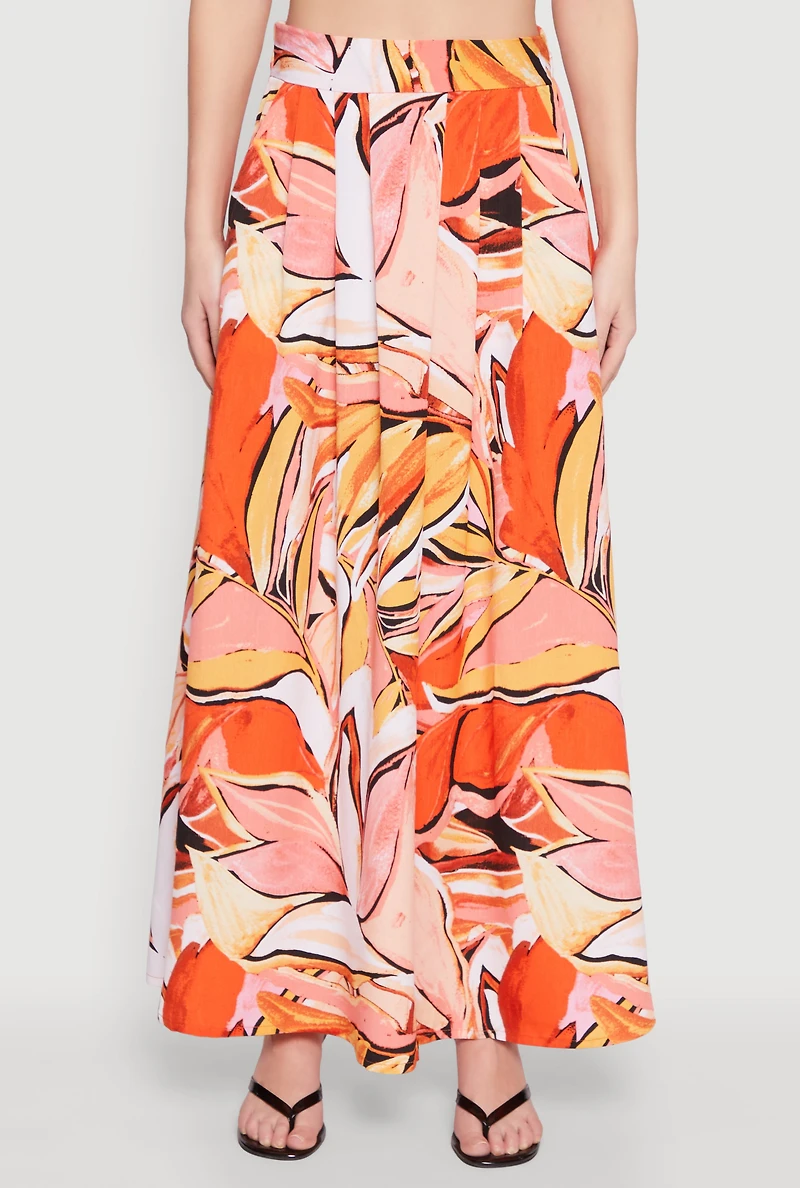 Womens Printed Pattern Pleated Maxi Skirt, Orange, Size M