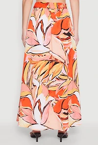 Womens Printed Pattern Pleated Maxi Skirt, Orange, Size M