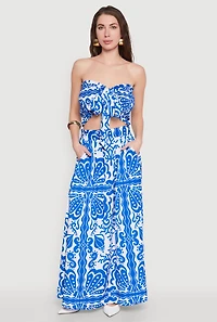 Womens Printed Pattern Pleated Maxi Skirt, Blue, Size S