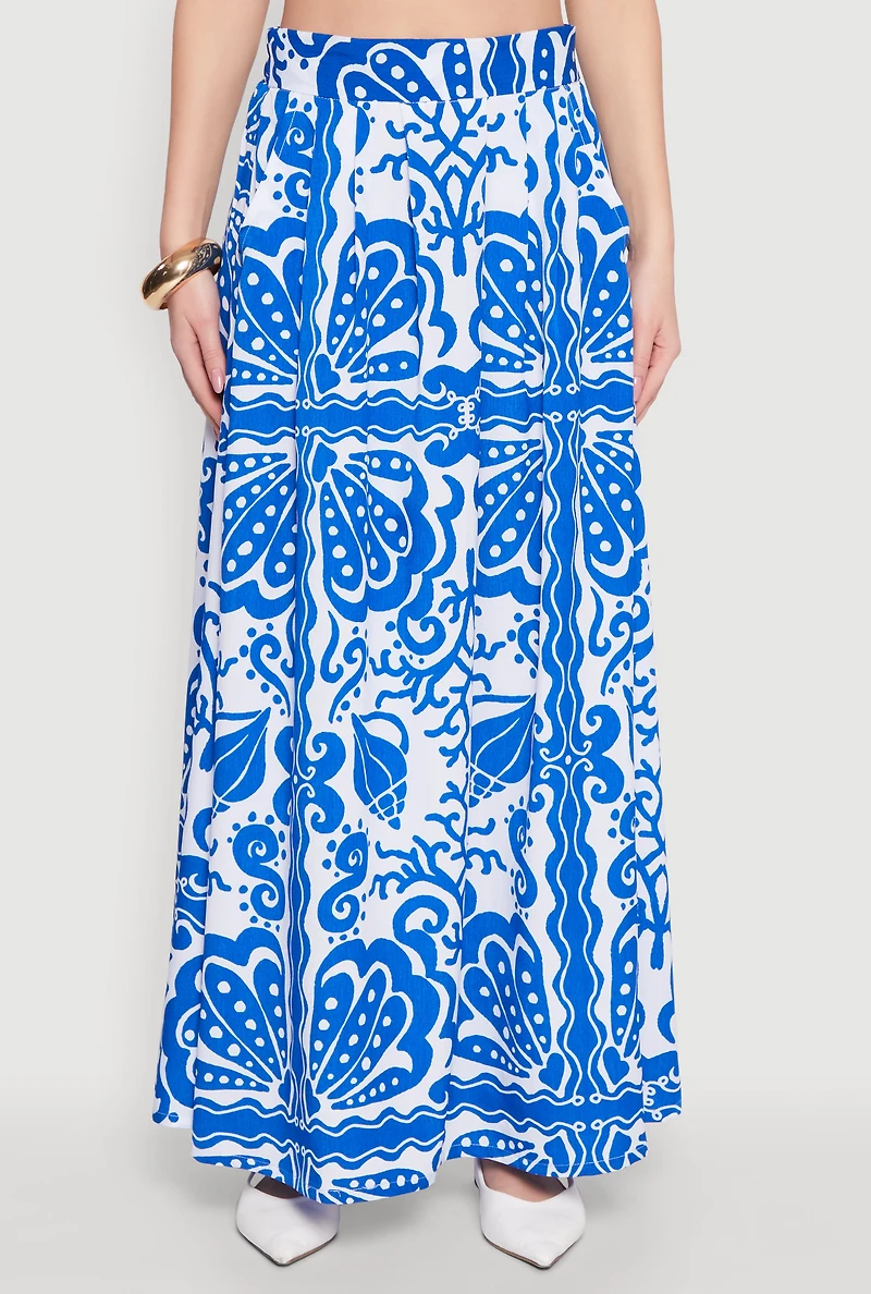 Womens Printed Pattern Pleated Maxi Skirt, Blue, Size S