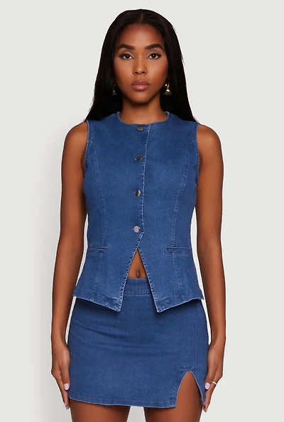 Womens Trendy High Neck Button Front Denim Vest, Blue, Size S