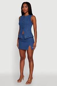 Womens Trendy High Neck Button Front Denim Vest, Blue, Size S