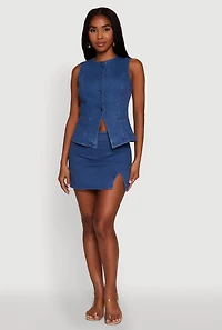 Womens Trendy High Neck Button Front Denim Vest, Blue, Size S