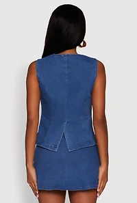 Womens Trendy High Neck Button Front Denim Vest, Blue, Size S
