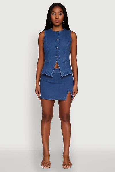 Womens Trendy Denim Mini Skirt with Side Slit, Blue, Size L