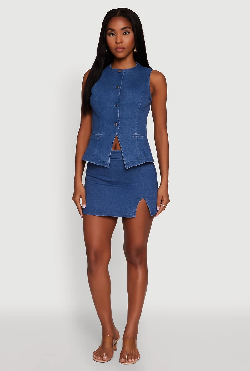 Womens Trendy Denim Mini Skirt with Side Slit, Blue, Size L