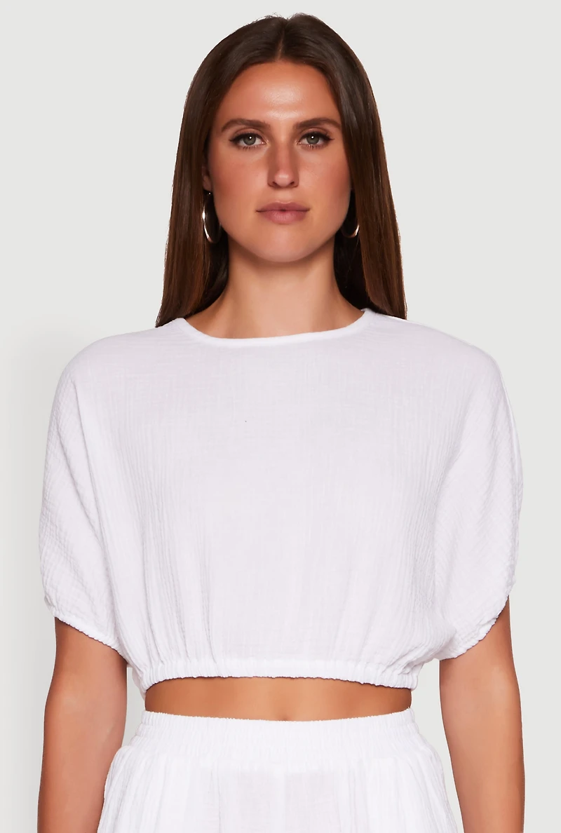 Chic Gauze Knit Crew Neck Cropped Blouse with Dolman Sleeves