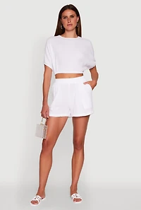 Chic Gauze Knit Crew Neck Cropped Blouse with Dolman Sleeves