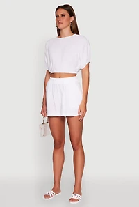 Chic Gauze Knit Crew Neck Cropped Blouse with Dolman Sleeves