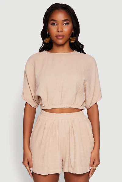 Womens Chic Gauze Knit Crew Neck Cropped Blouse with Dolman Sleeves,