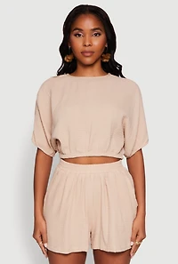 Womens Chic Gauze Knit Crew Neck Cropped Blouse with Dolman Sleeves,