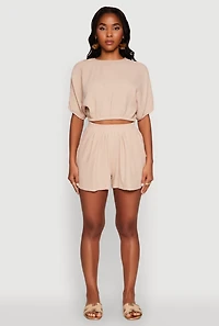 Womens Chic Gauze Knit Crew Neck Cropped Blouse with Dolman Sleeves,