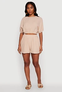 Womens Chic Gauze Knit Crew Neck Cropped Blouse with Dolman Sleeves,