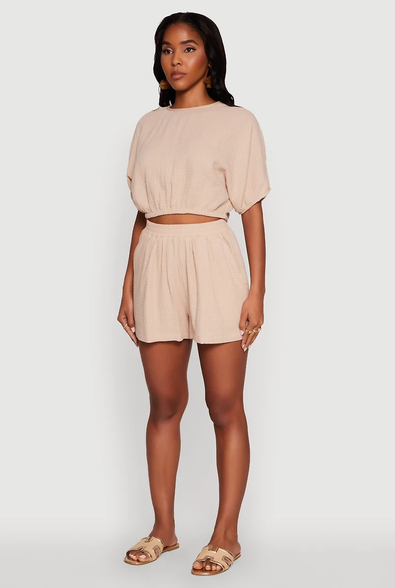 Womens Chic Gauze Knit Crew Neck Cropped Blouse with Dolman Sleeves,