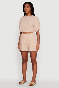 Womens Chic Gauze Knit Crew Neck Cropped Blouse with Dolman Sleeves,