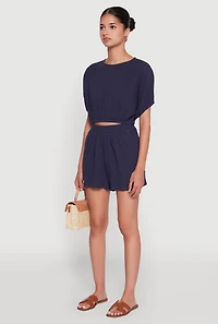 Womens Chic Gauze Knit Crew Neck Cropped Blouse with Dolman Sleeves, Blue, Size M