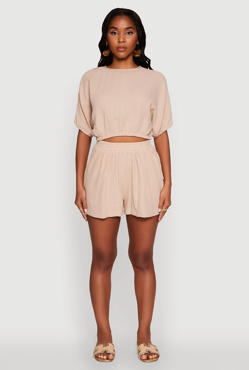 Womens Trendy Gauze Knit High Waisted Shorts, Khaki, Size L