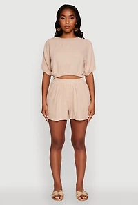 Womens Trendy Gauze Knit High Waisted Shorts, Khaki, Size L