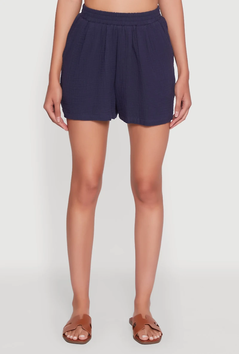 Womens Trendy Gauze Knit High Waisted Shorts, Blue, Size S