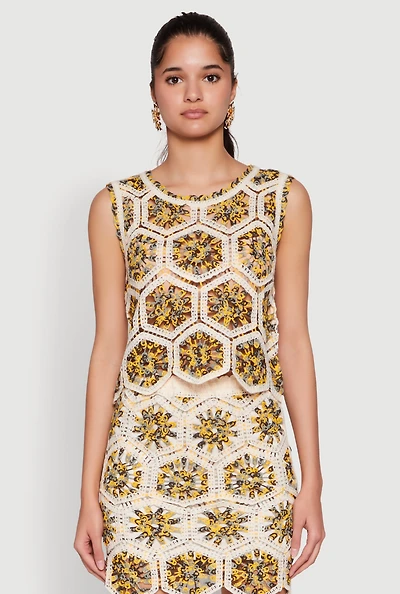 Womens Hexagon Geometric Crochet Sleeveless Top, Multi, Size S