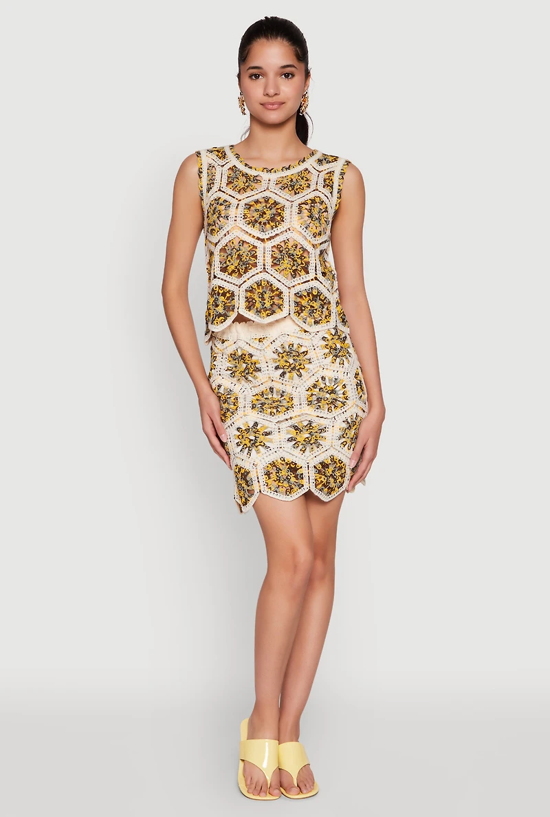 Womens Hexagon Geometric Crochet Sleeveless Top, Multi, Size S