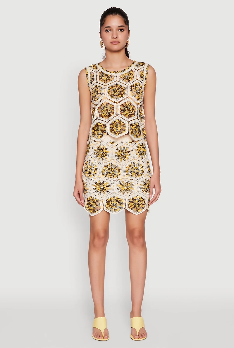 Womens Hexagon Geometric Crochet Sleeveless Top, Multi, Size S