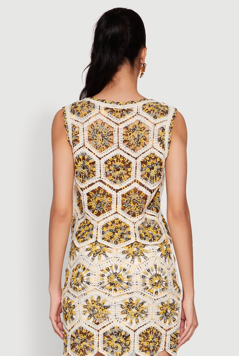Womens Hexagon Geometric Crochet Sleeveless Top, Multi, Size S