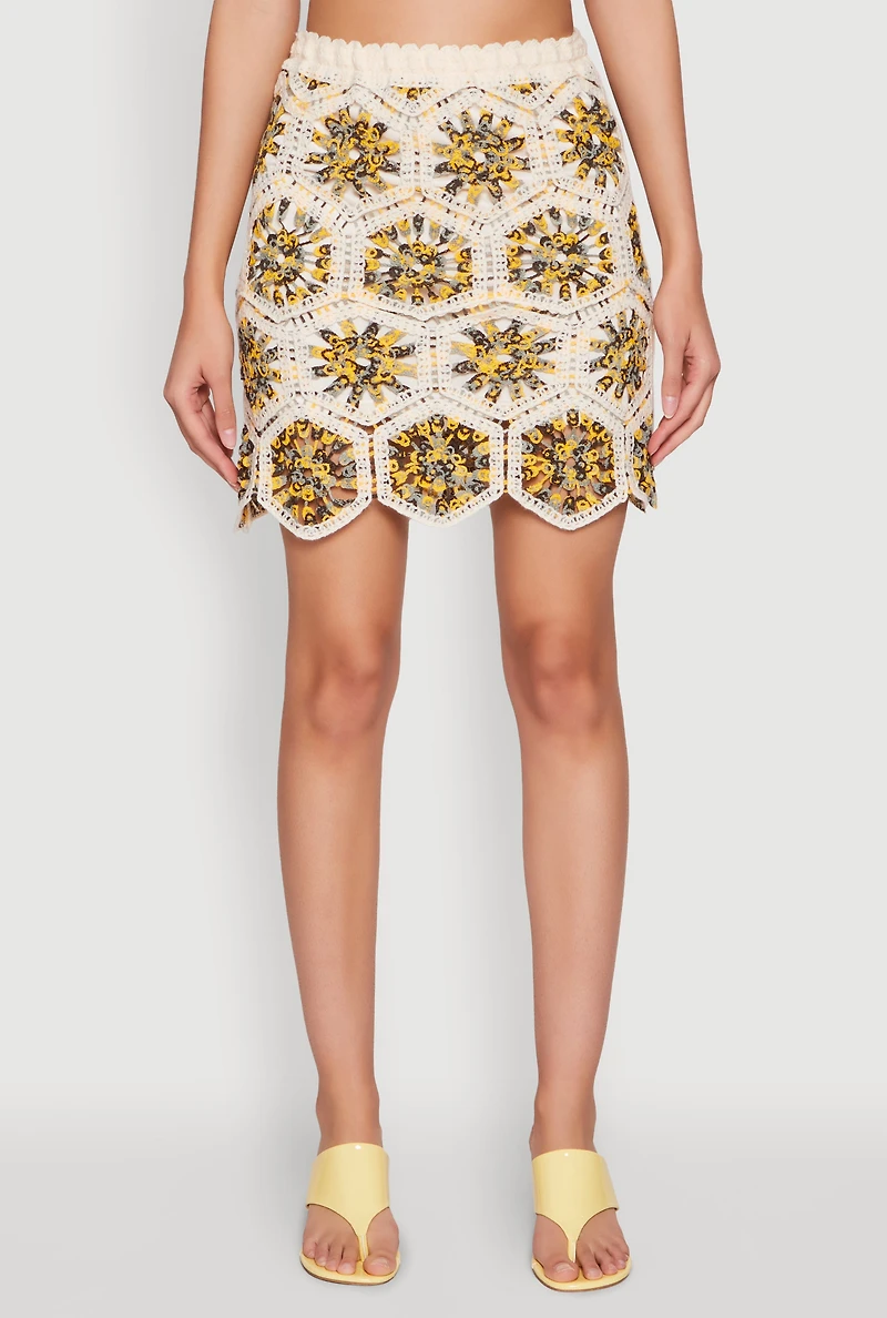 Womens Hexagon Geometric Crochet Skirt, Multi, Size M