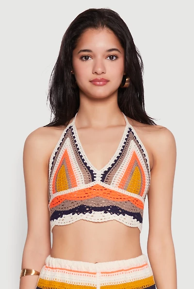 Womens Crochet V Neck Striped Cop Top, Multi, Size M