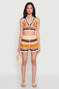 Womens Crochet V Neck Striped Cop Top, Multi,