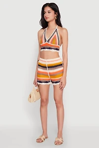 Womens Crochet V Neck Striped Cop Top, Multi,
