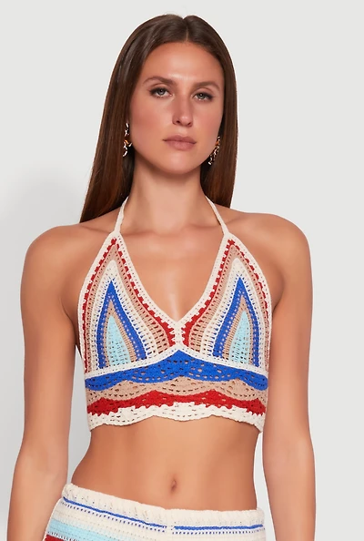 Womens Crochet V Neck Striped Cop Top, Multi, Size L
