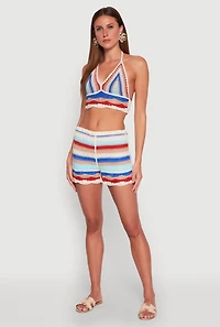 Womens Crochet V Neck Striped Cop Top, Multi, Size L