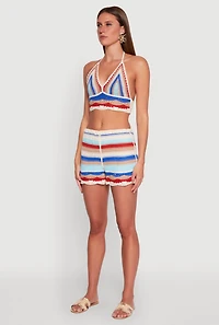 Womens Crochet V Neck Striped Cop Top, Multi, Size L