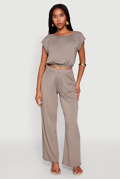 Womens High Waist Wide Leg Pants, Grey, Size M