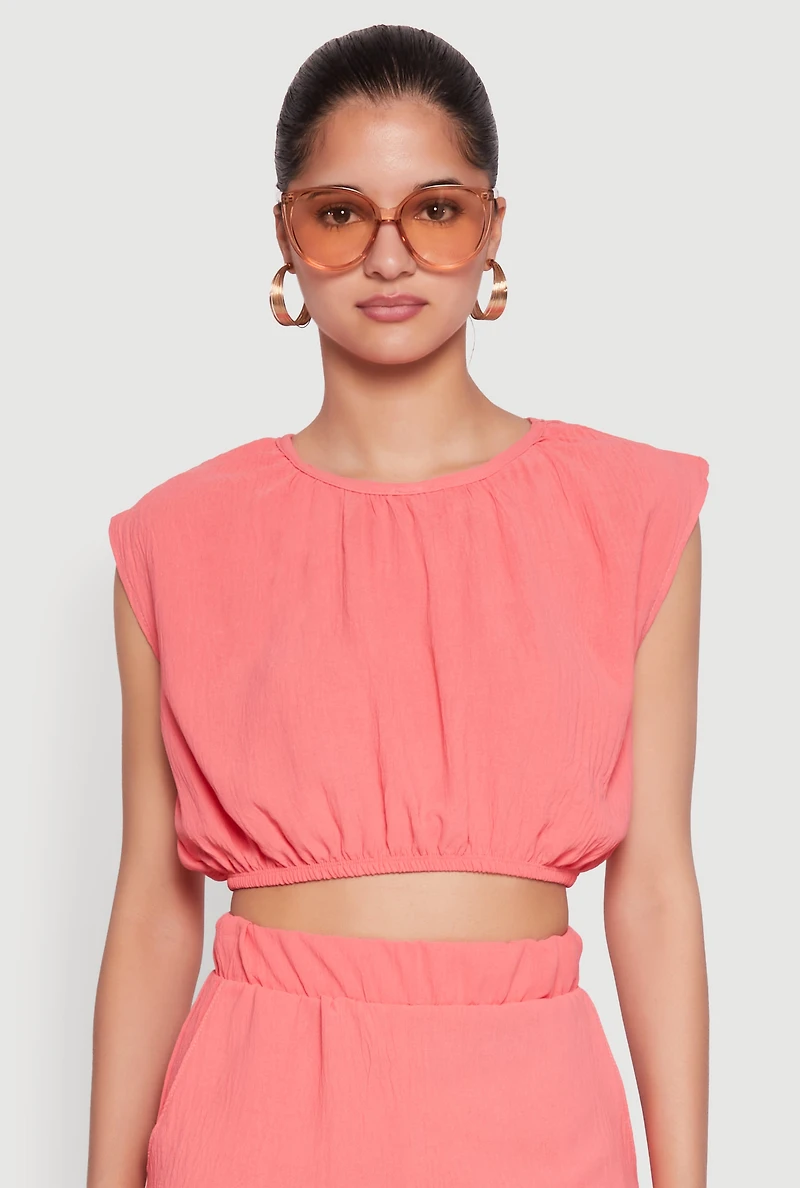 Womens Airy Dolman Sleeve Crop Top, Pink, Size S