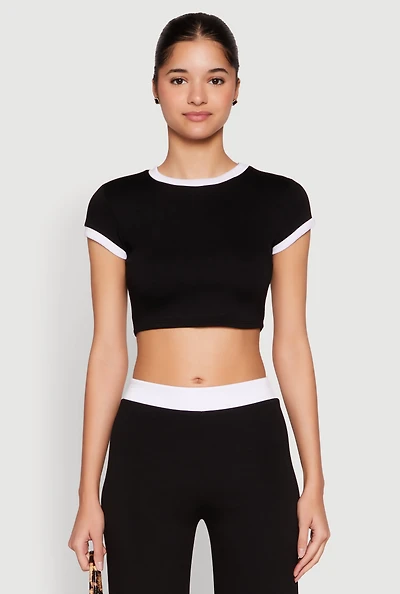 Womens Short Sleeve Ringer Crop Top,