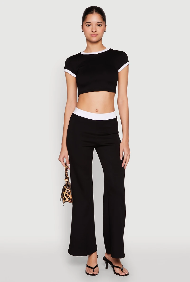 Womens Short Sleeve Ringer Crop Top, Black, Size M