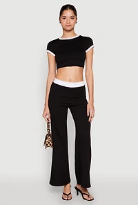 Womens Short Sleeve Ringer Crop Top, Black, Size M