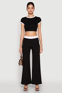 Womens Short Sleeve Ringer Crop Top, Black, Size M