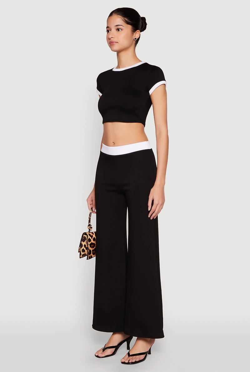 Womens Short Sleeve Ringer Crop Top, Black, Size M