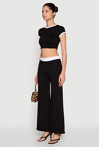 Womens Short Sleeve Ringer Crop Top, Black, Size M