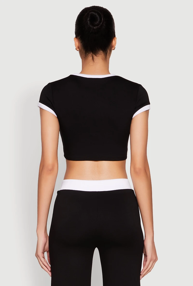 Womens Short Sleeve Ringer Crop Top, Black, Size M