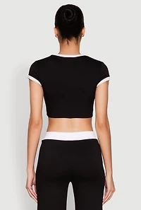 Womens Short Sleeve Ringer Crop Top, Black, Size M